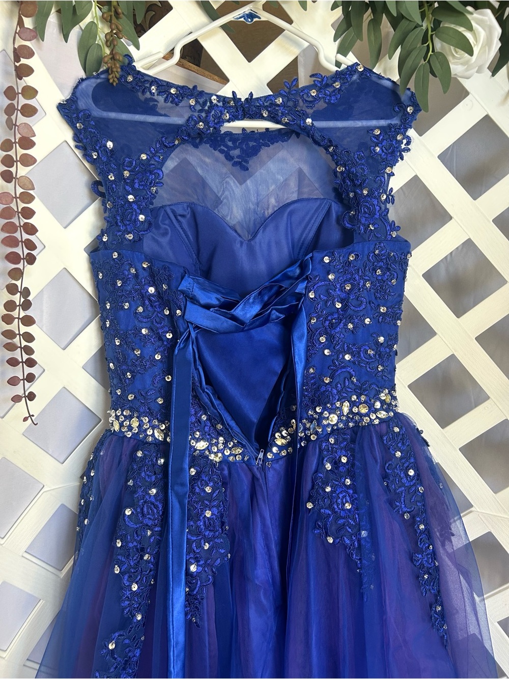 Royal Blue Beaded Tulle Formal Dress Illusion Neck Prom Gown  EST-M/L - Picture 6 of 10